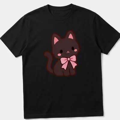 Kawaii line-art black kitten with a pink bow on a t-shirt