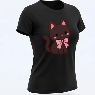Kawaii line-art black kitten with a pink bow on a — printed on a women's shirt