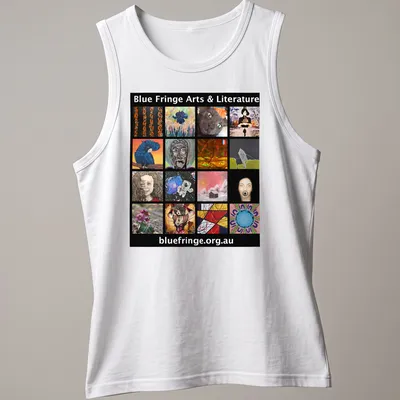 Collage print featuring Blue Fringe Arts & Literature text in vibrant colors — printed on a tank top