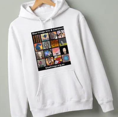 Collage print featuring Blue Fringe Arts & Literature text in vibrant colors — printed on a unisex hoodie