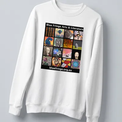 Collage print featuring Blue Fringe Arts & Literature text in vibrant colors — printed on a unisex sweatshirt