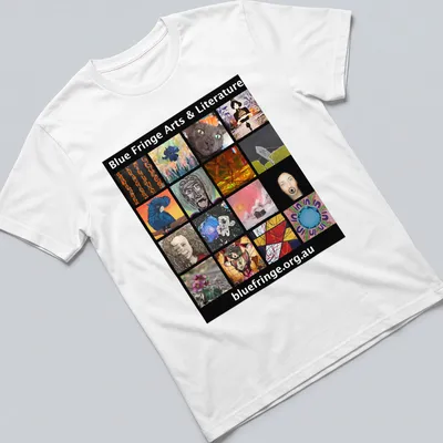 Collage print featuring Blue Fringe Arts & Literature text in vibrant colors