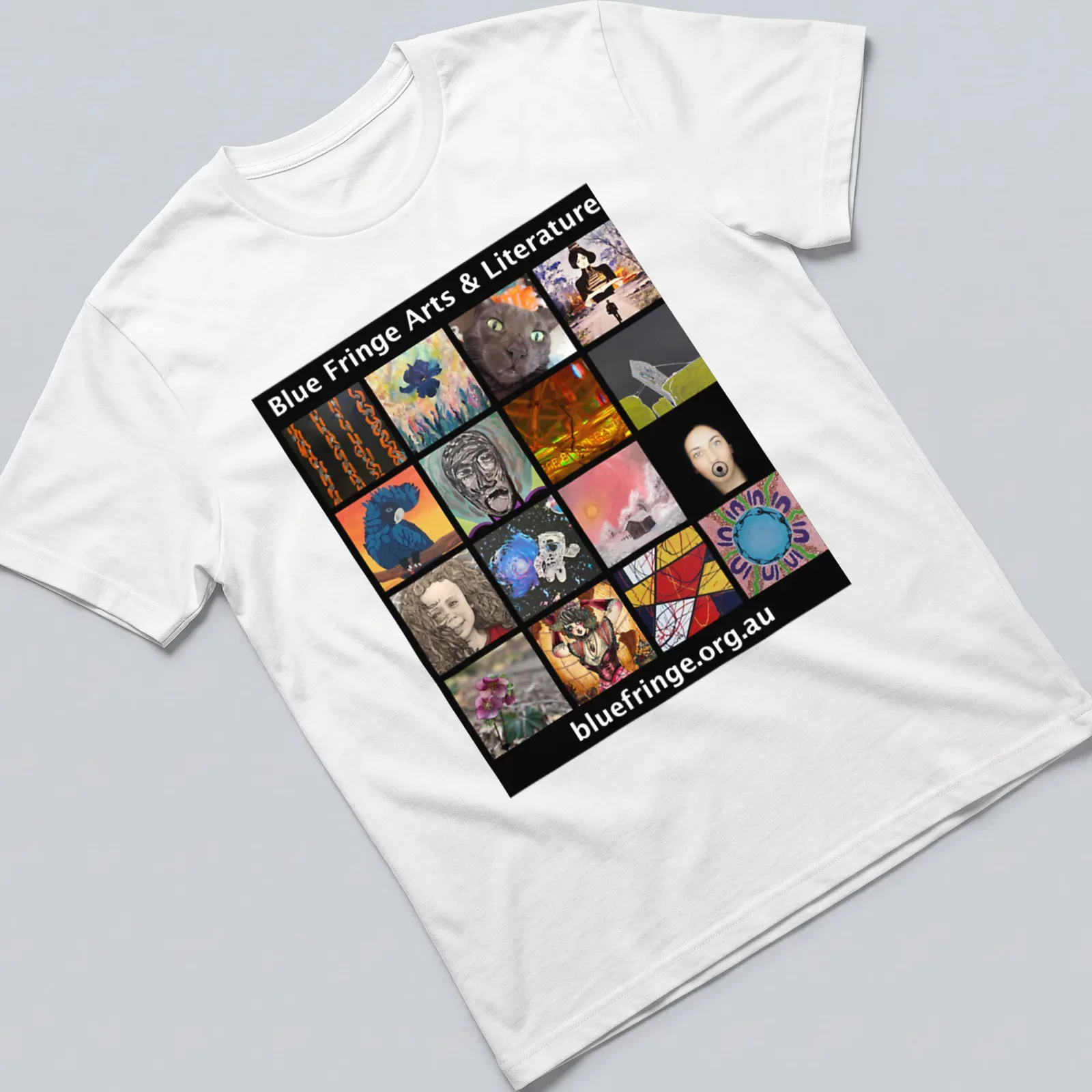 Collage print featuring Blue Fringe Arts & Literature text in vibrant colors — printed on a unisex t-shirt