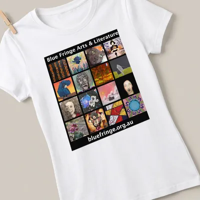 Collage print featuring Blue Fringe Arts & Literature text in vibrant colors — printed on a women's shirt