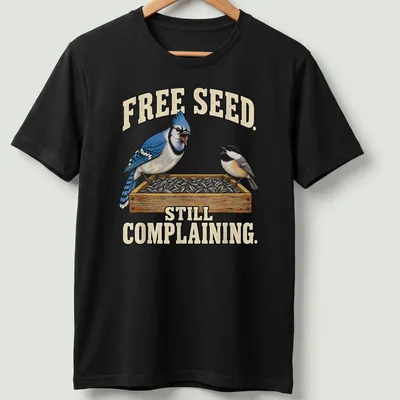 Illustration of a Blue Jay with humorous text about free seeds