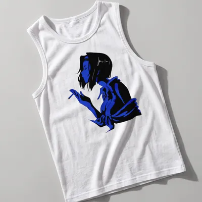 Blue scribble illustration of a lady's silhouette against a black background — printed on a tank top