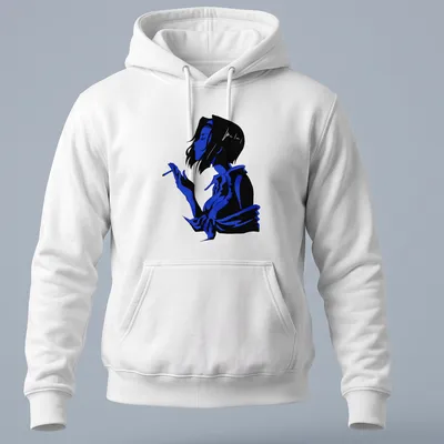 Blue scribble illustration of a lady's silhouette against a black background — printed on a unisex hoodie