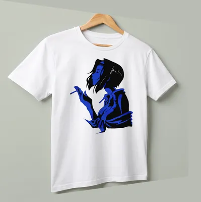 Blue scribble illustration of a lady's silhouette against a black background — printed on a unisex t-shirt (angled view)