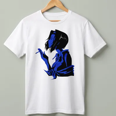 Blue scribble illustration of a lady's silhouette against a black background — printed on a unisex t-shirt