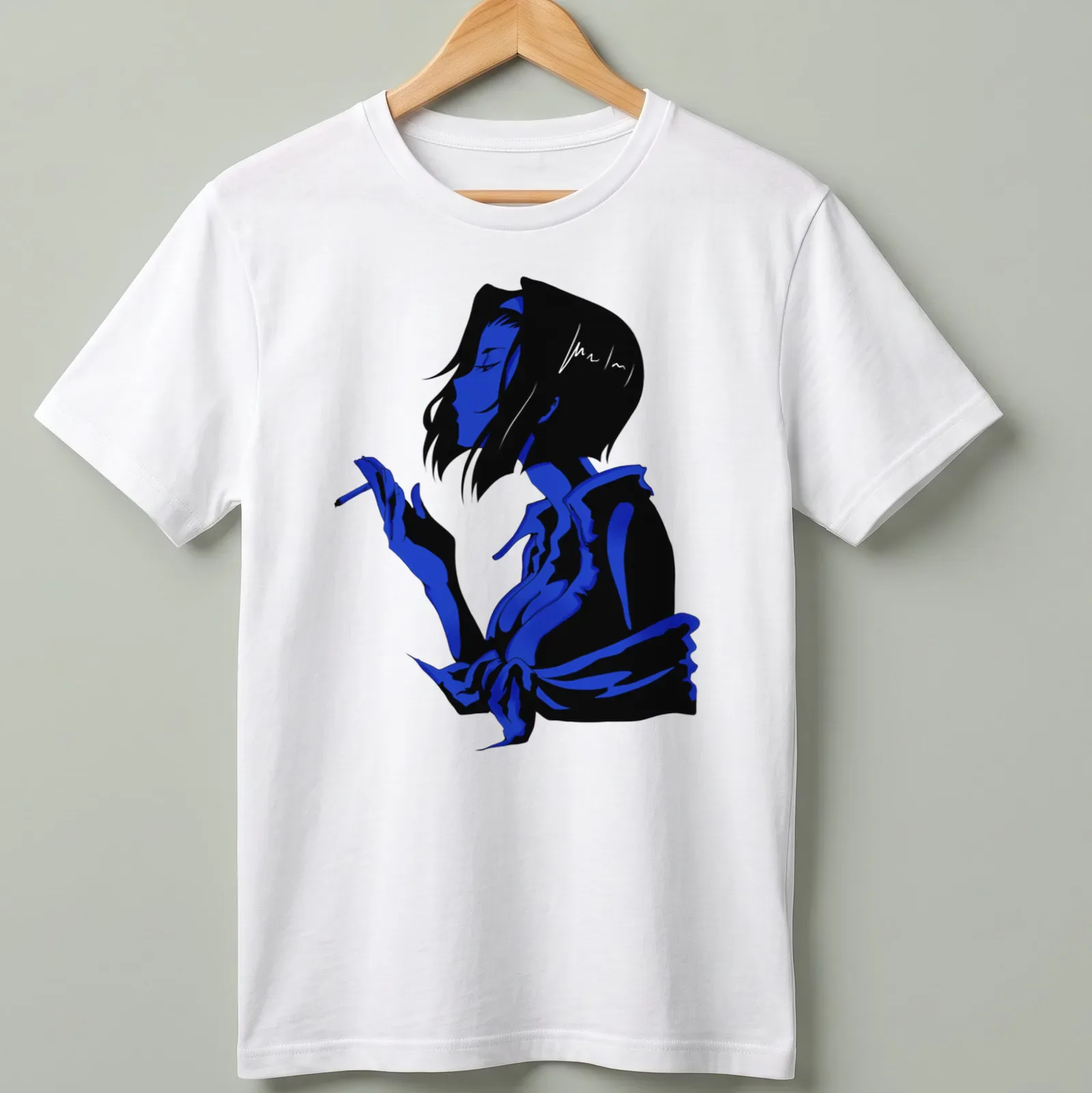 Blue scribble illustration of a lady's silhouette against a black background — printed on a unisex t-shirt