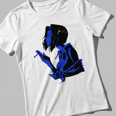 Blue scribble illustration of a lady's silhouette against a black background — printed on a women's shirt