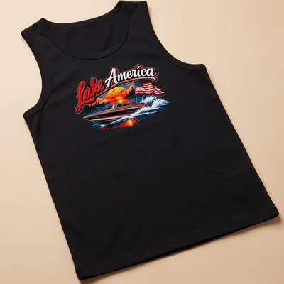 Vibrant t-shirt featuring a boat on Lake America with a sunset and American flag — printed on a tank top