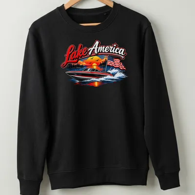 Vibrant t-shirt featuring a boat on Lake America with a sunset and American flag — printed on a unisex sweatshirt