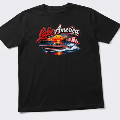 Vibrant t-shirt featuring a boat on Lake America with a sunset and American flag