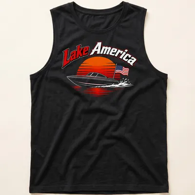 Retro print featuring a boat on a lake with sunset colors and Lake America text — printed on a tank top