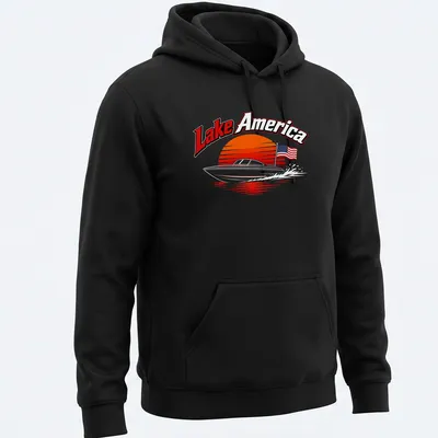 Retro print featuring a boat on a lake with sunset colors and Lake America text — printed on a unisex hoodie