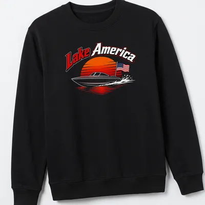 Retro print featuring a boat on a lake with sunset colors and Lake America text — printed on a unisex sweatshirt