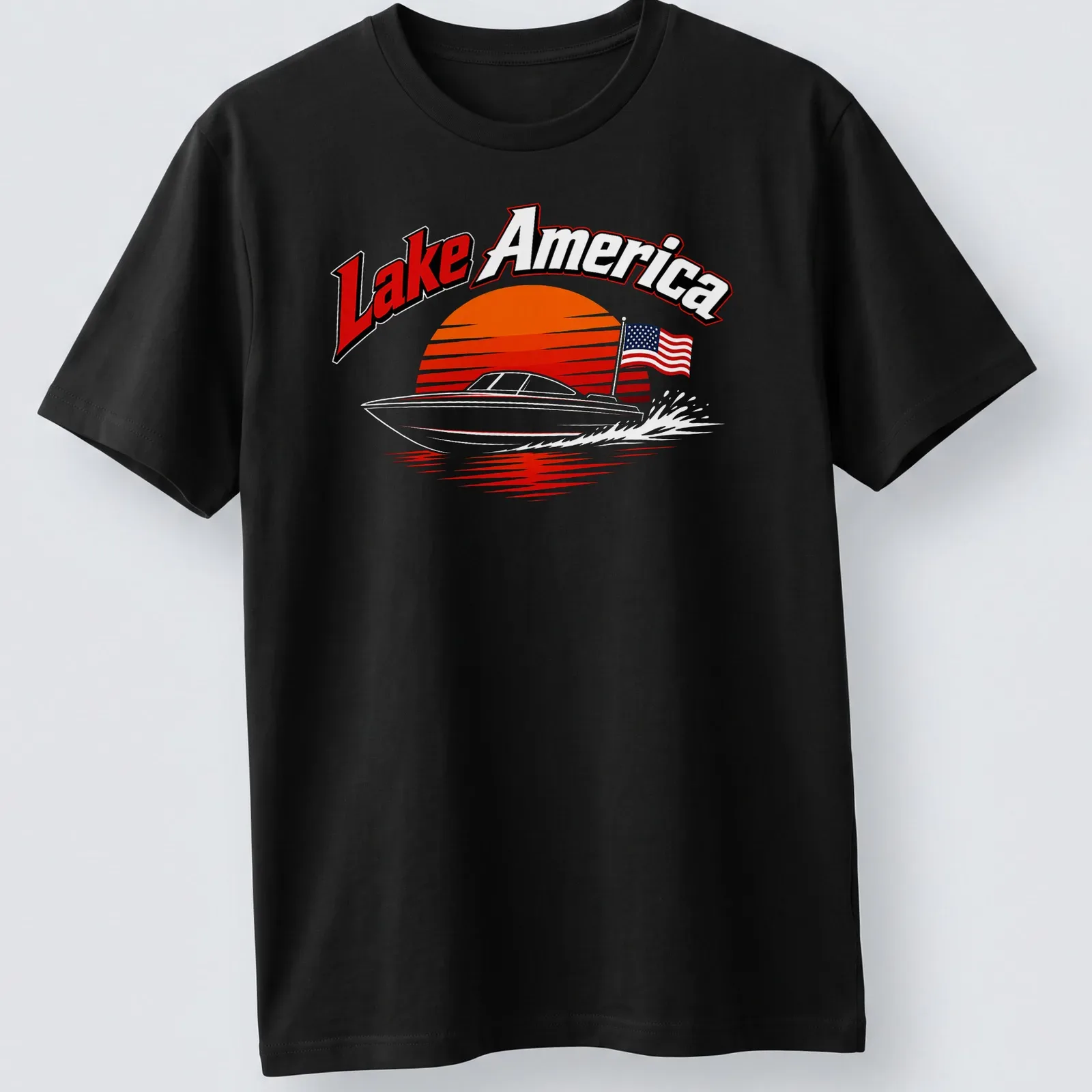 Retro print featuring a boat on a lake with sunset colors and Lake America text — printed on a unisex t-shirt