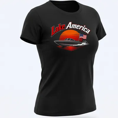Retro print featuring a boat on a lake with sunset colors and Lake America text — printed on a women's shirt