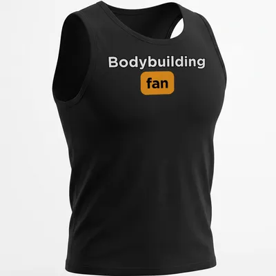 Bold typography Bodybuilding Fan t-shirt in black, orange, and white — printed on a tank top