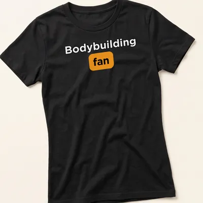 Bold typography Bodybuilding Fan t-shirt in black, orange, and white — printed on a women's shirt