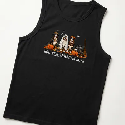 Illustrative Halloween scene featuring Boo Nese Mountain Dogs in witch costumes with pumpkins — printed on a tank top