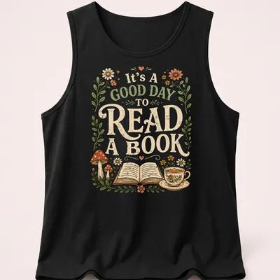 Whimsical design featuring an open book, coffee cup, and flowers with colorful details — printed on a tank top