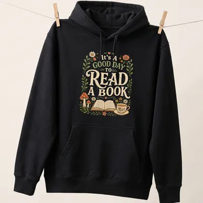 Whimsical design featuring an open book, coffee cup, and flowers with colorful details — printed on a unisex hoodie