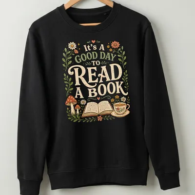Whimsical design featuring an open book, coffee cup, and flowers with colorful details — printed on a unisex sweatshirt