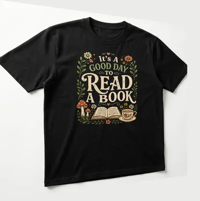 Whimsical design featuring an open book, coffee cup, and flowers with colorful details — printed on a unisex t-shirt (angled view)