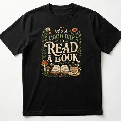 Whimsical design featuring an open book, coffee cup, and flowers with colorful details