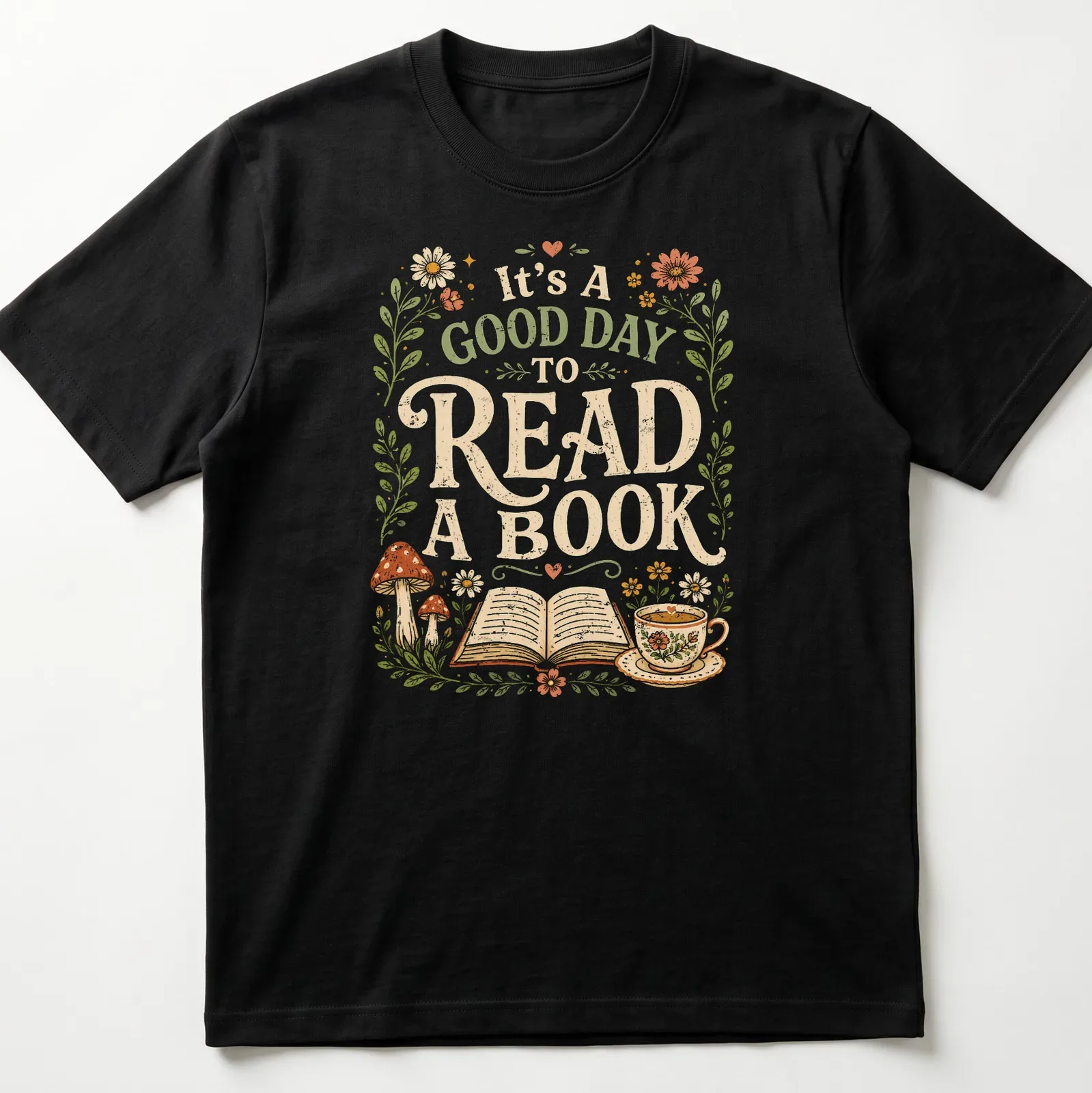 Whimsical design featuring an open book, coffee cup, and flowers with colorful details — printed on a unisex t-shirt