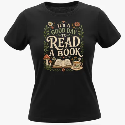 Whimsical design featuring an open book, coffee cup, and flowers with colorful details — printed on a women's shirt
