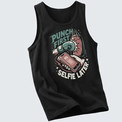 Vintage illustration of boxing gloves with the text Punch First Selfie Later — printed on a tank top