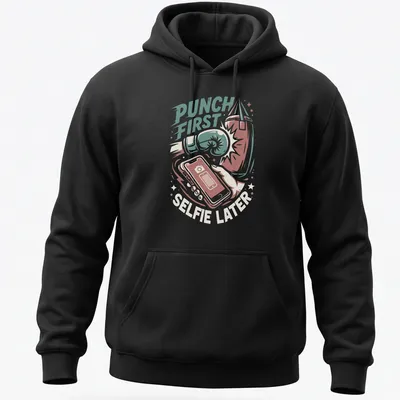 Vintage illustration of boxing gloves with the text Punch First Selfie Later — printed on a unisex hoodie