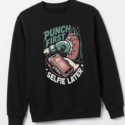 Vintage illustration of boxing gloves with the text Punch First Selfie Later — printed on a unisex sweatshirt