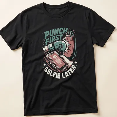 Vintage illustration of boxing gloves with the text Punch First Selfie Later