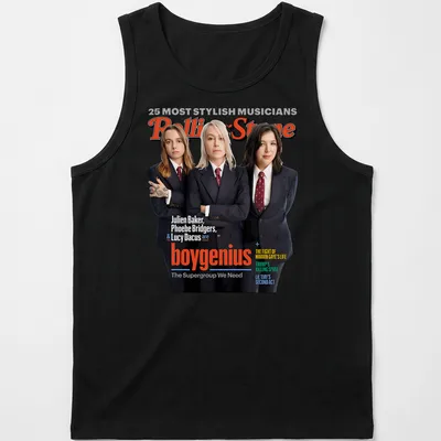 Magazine cover style print featuring boygenius members with vibrant colors — printed on a tank top
