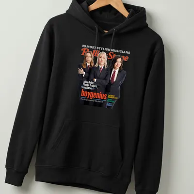 Magazine cover style print featuring boygenius members with vibrant colors — printed on a unisex hoodie