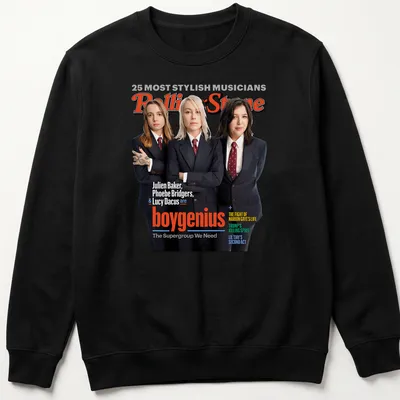 Magazine cover style print featuring boygenius members with vibrant colors — printed on a unisex sweatshirt