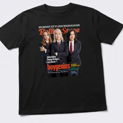 Magazine cover style print featuring boygenius members with vibrant colors — printed on a unisex t-shirt