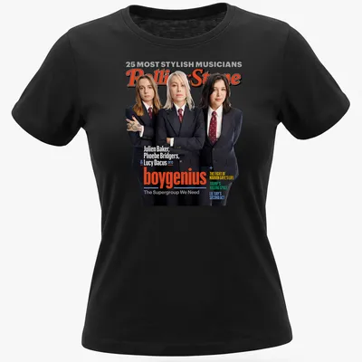 Magazine cover style print featuring boygenius members with vibrant colors — printed on a women's shirt