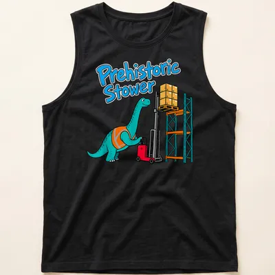Cartoon Brachiosaurus with bright colors and bold text on a — printed on a tank top