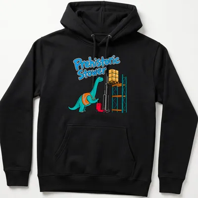 Cartoon Brachiosaurus with bright colors and bold text on a — printed on a unisex hoodie