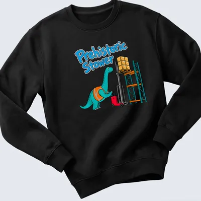 Cartoon Brachiosaurus with bright colors and bold text on a — printed on a unisex sweatshirt