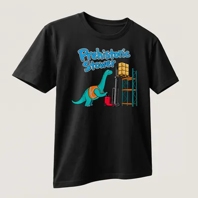 Cartoon Brachiosaurus with bright colors and bold text on a — printed on a unisex t-shirt (angled view)