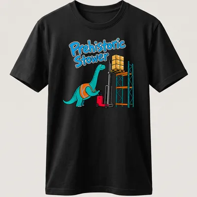 Cartoon Brachiosaurus with bright colors and bold text on a t-shirt