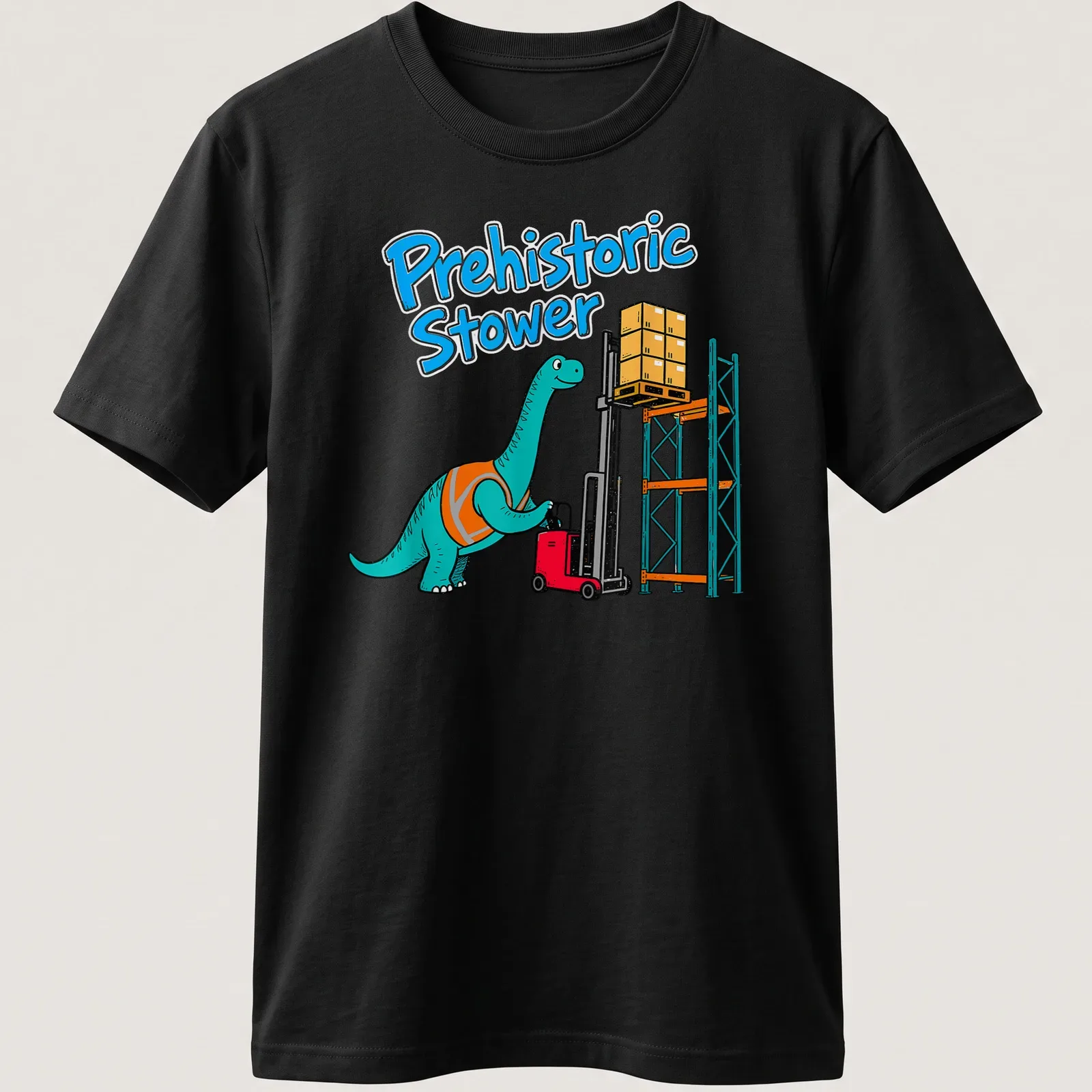 Cartoon Brachiosaurus with bright colors and bold text on a — printed on a unisex t-shirt