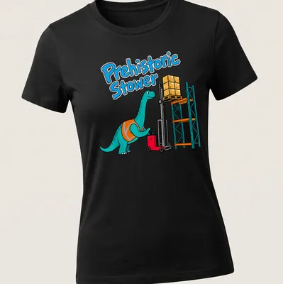 Cartoon Brachiosaurus with bright colors and bold text on a — printed on a women's shirt