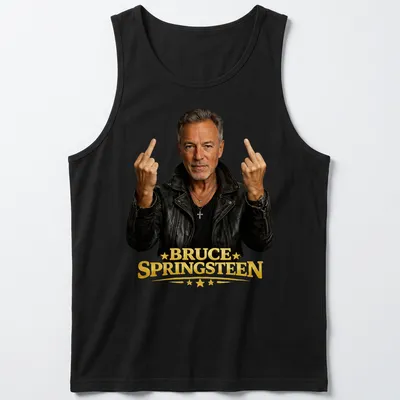 Photographic print of Bruce Springsteen with middle fingers raised in black and gold — printed on a tank top